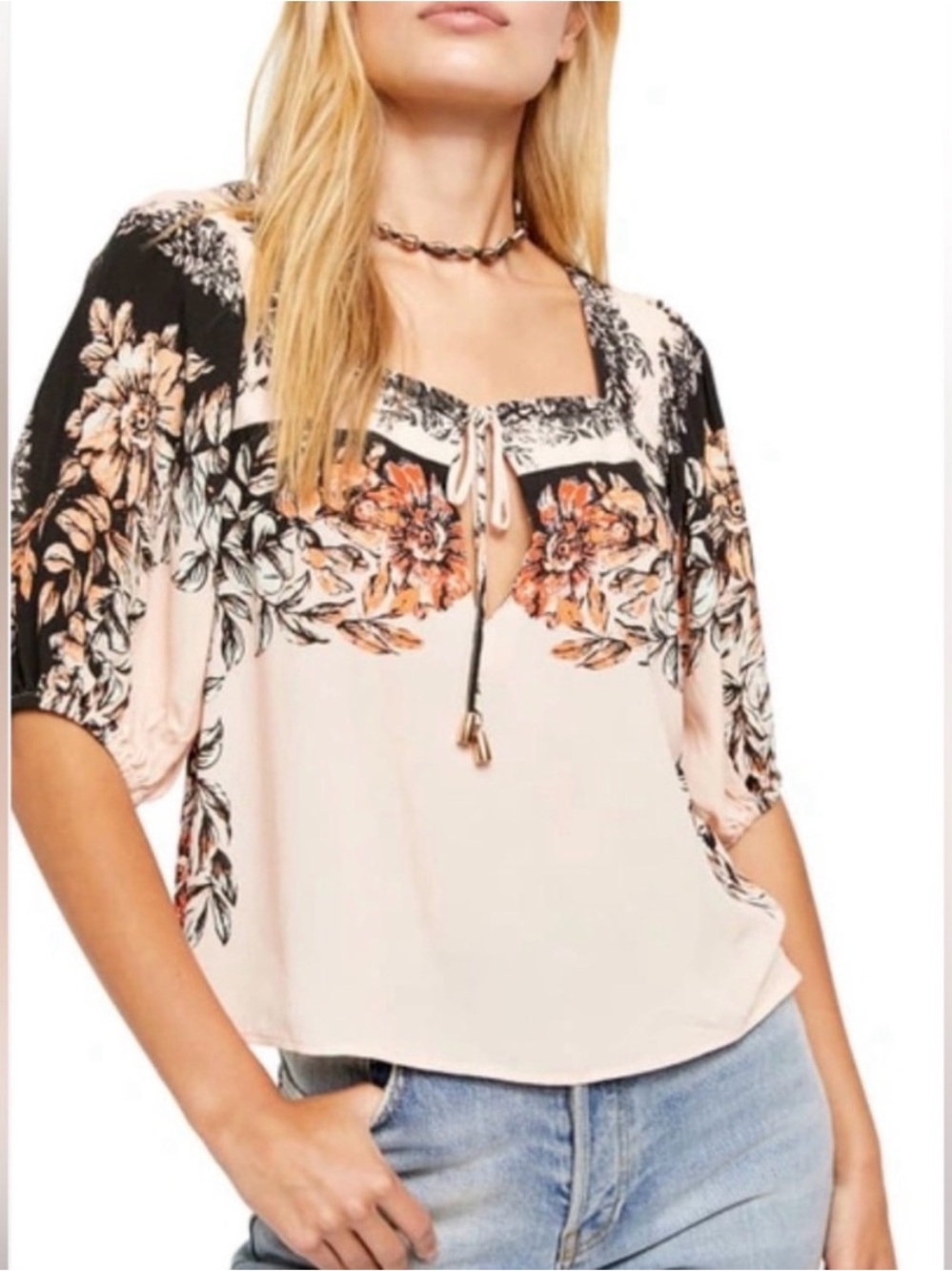 Free People Bali Mariposa Floral Boho Tie-Front Blouse Black Combo Size S